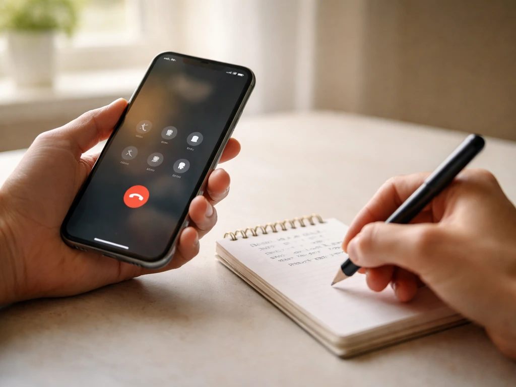 Close-up of a person calling a business number on a smartphone while writing brief notes.