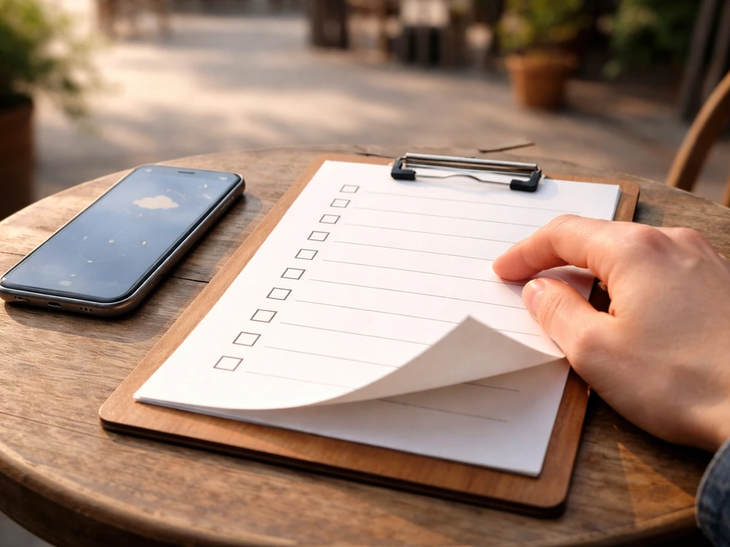 Close-up of a clipboard checklist with open hours, weather, and schedule change items
