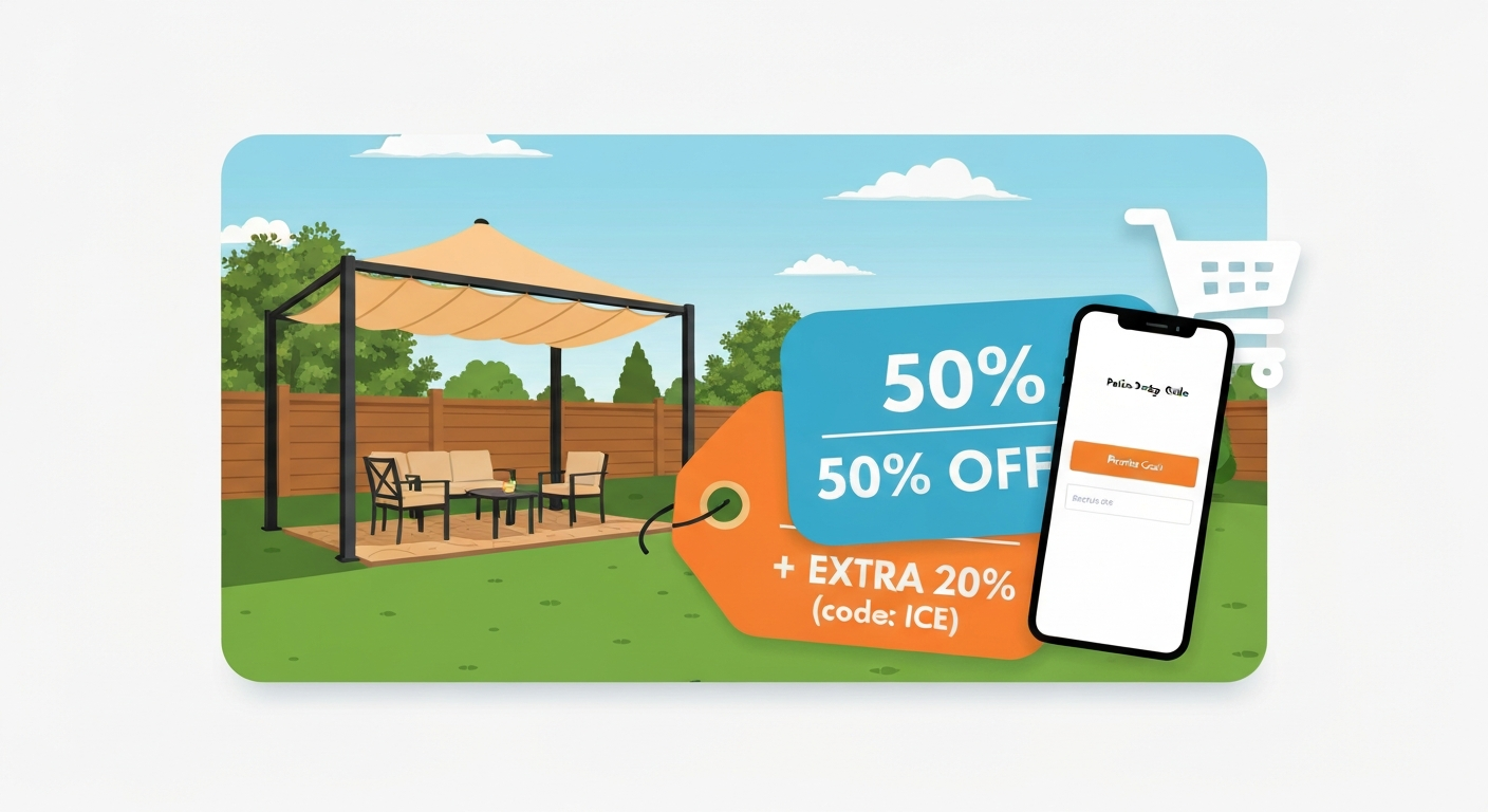 Illustration of a backyard patio cover with prominent coupon tags reading '50% OFF + Extra 20% (code: ICE)' and a phone showing a promo code field.