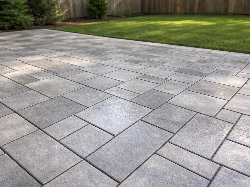 Silver-gray sealed paver patio in a real backyard with clean lines and subtle wet sheen