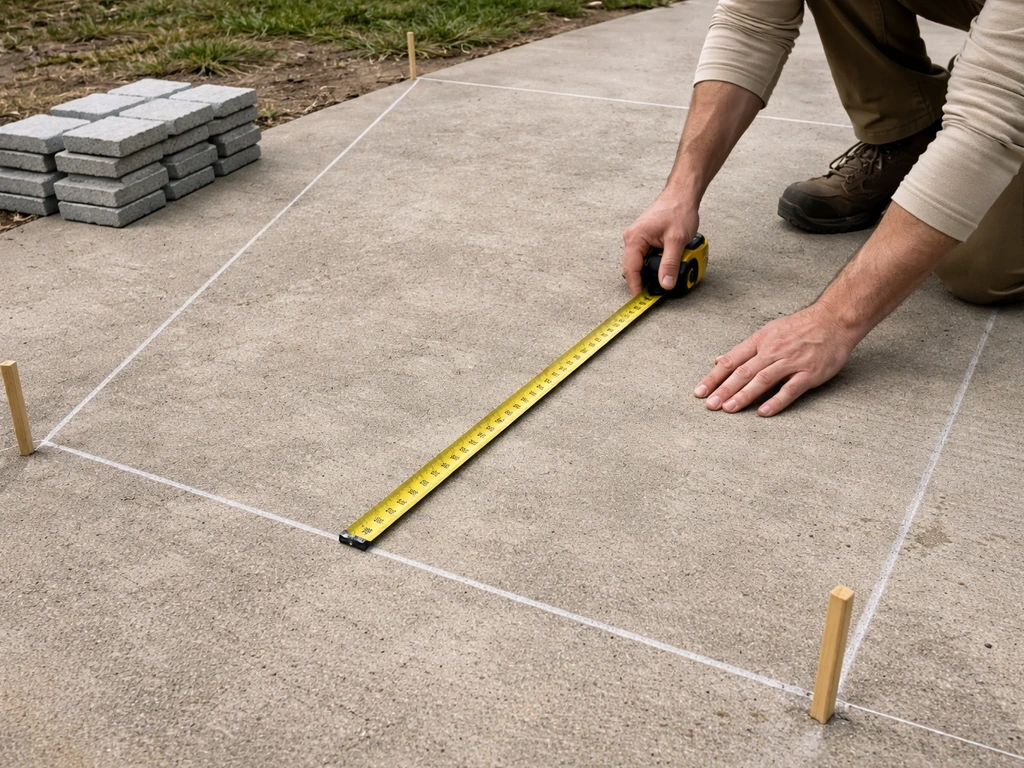 Hands measure a patio rectangle with chalk layout lines, with silver pavers nearby.