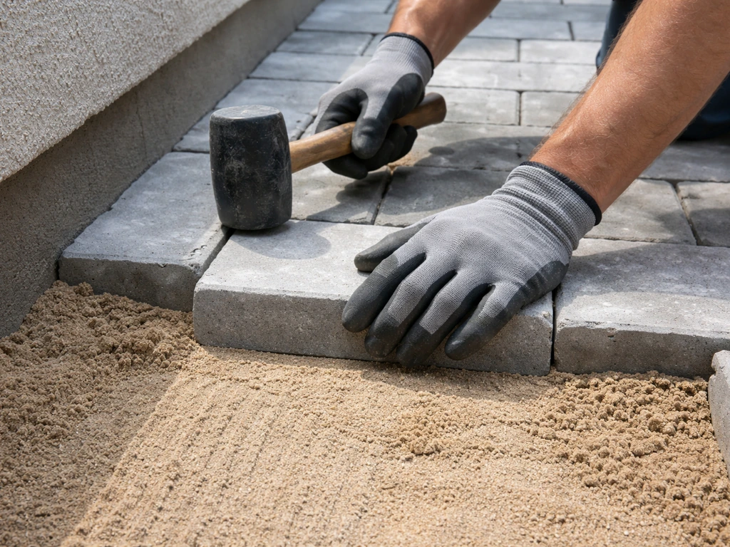 Anonymous contractor taps a silver paver into a sand bed with a rubber mallet to level it.