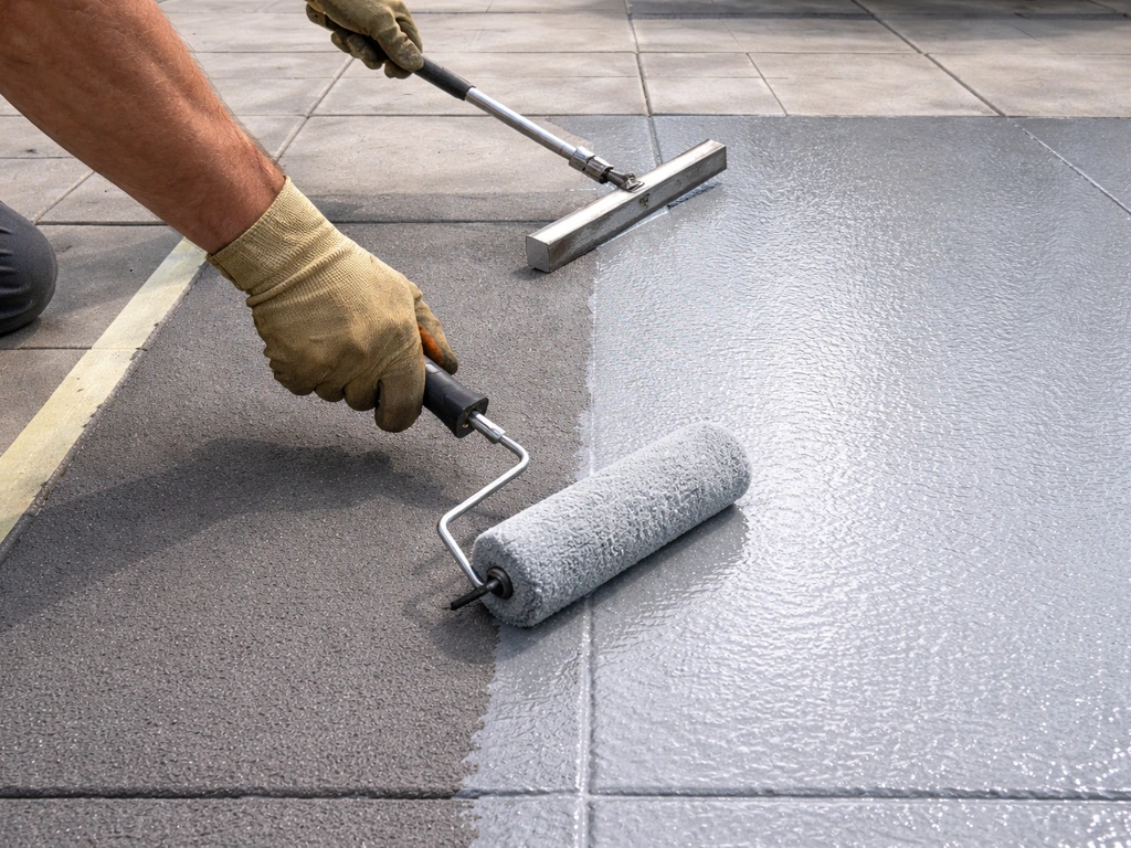 Technician applying silver tinted sealer to paver surface with roller, with primer/base coats visible nearby
