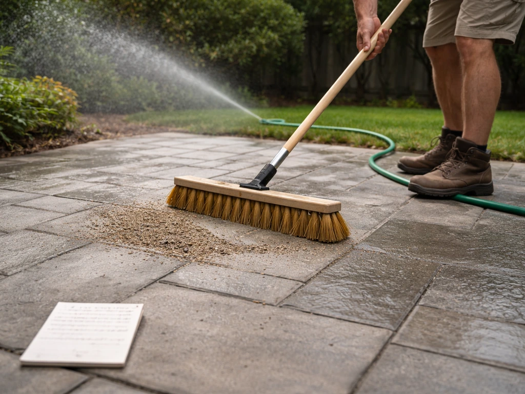 Hands sweep and rinse a silver-gray stone patio, with a hose mist and unreadable upkeep note nearby.