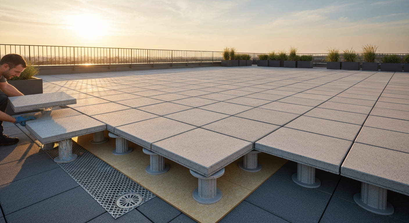 Rooftop terrace with large pavers on adjustable pedestals, cutaway showing pedestals on protection board over membrane and drainage to roof drain; worker lifting a paver.