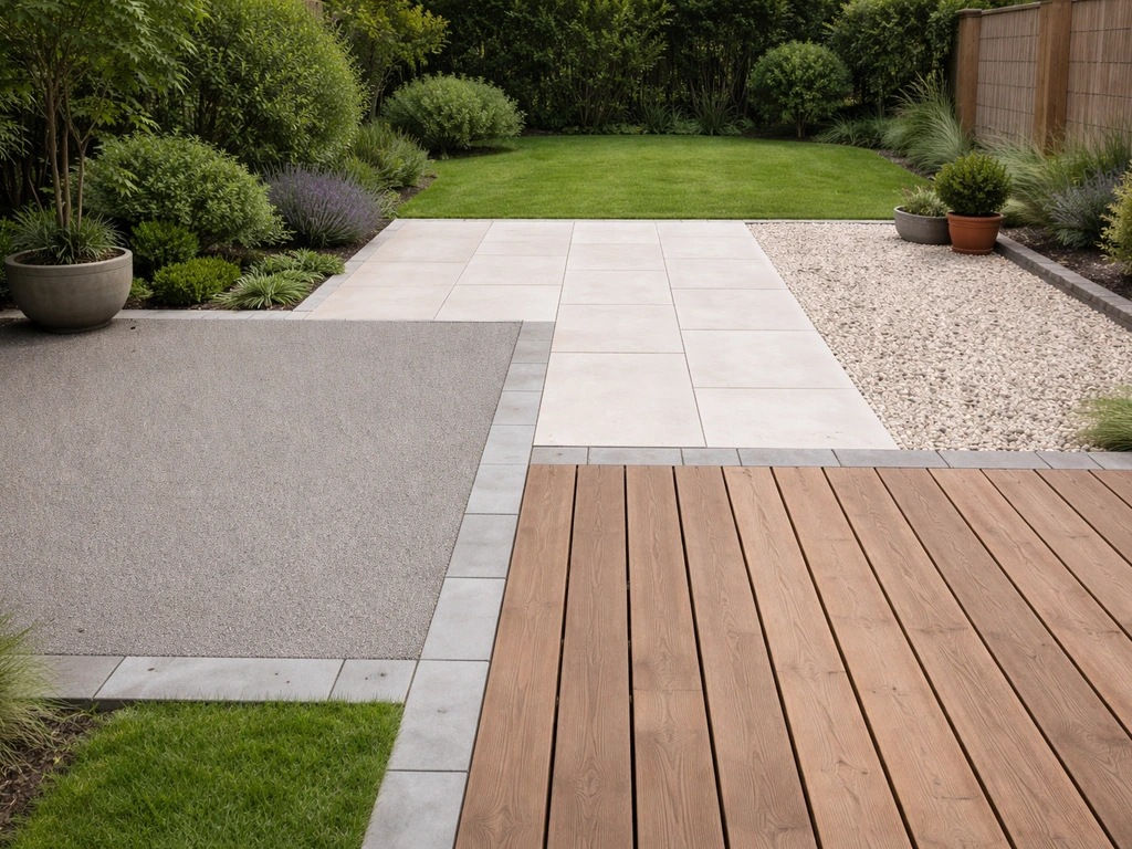 UK backyard split scene showing resin gravel, decking, porcelain paving, and gravel patio alternatives.