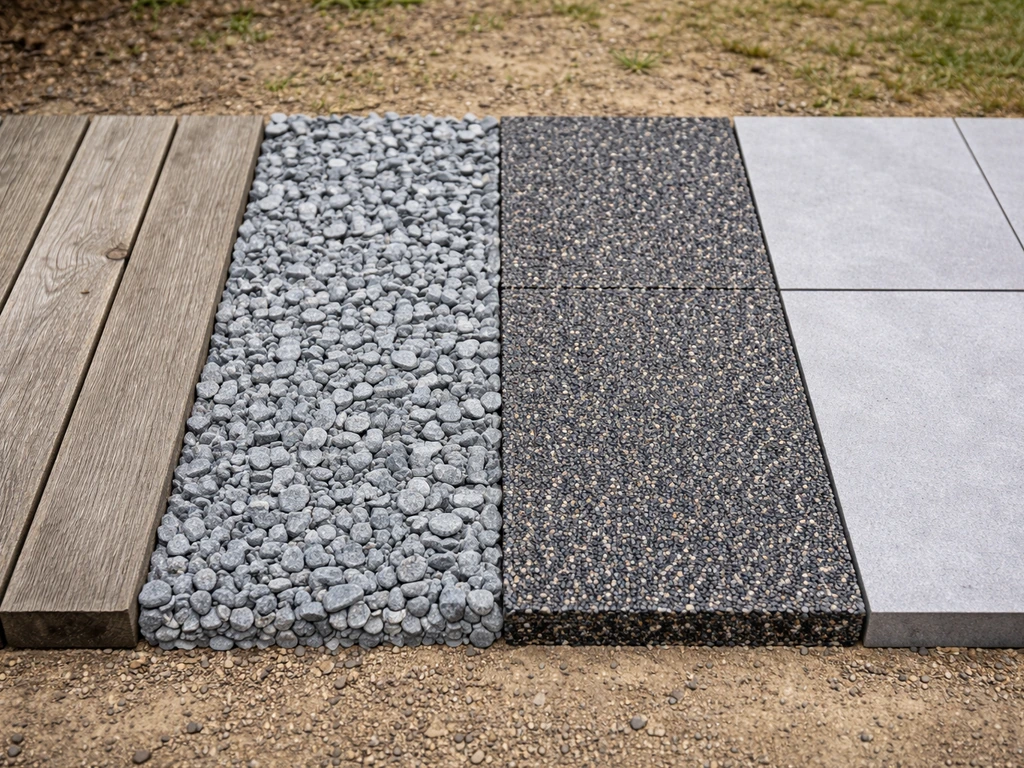 Side-by-side patio material samples outdoors, showing different surfaces like decking, gravel, resin, and porcelain.