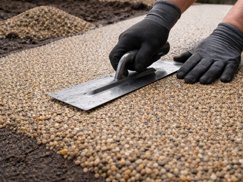 Gloved hands smoothing freshly laid resin-bound gravel, with evenly bonded small stones for a uniform surface.