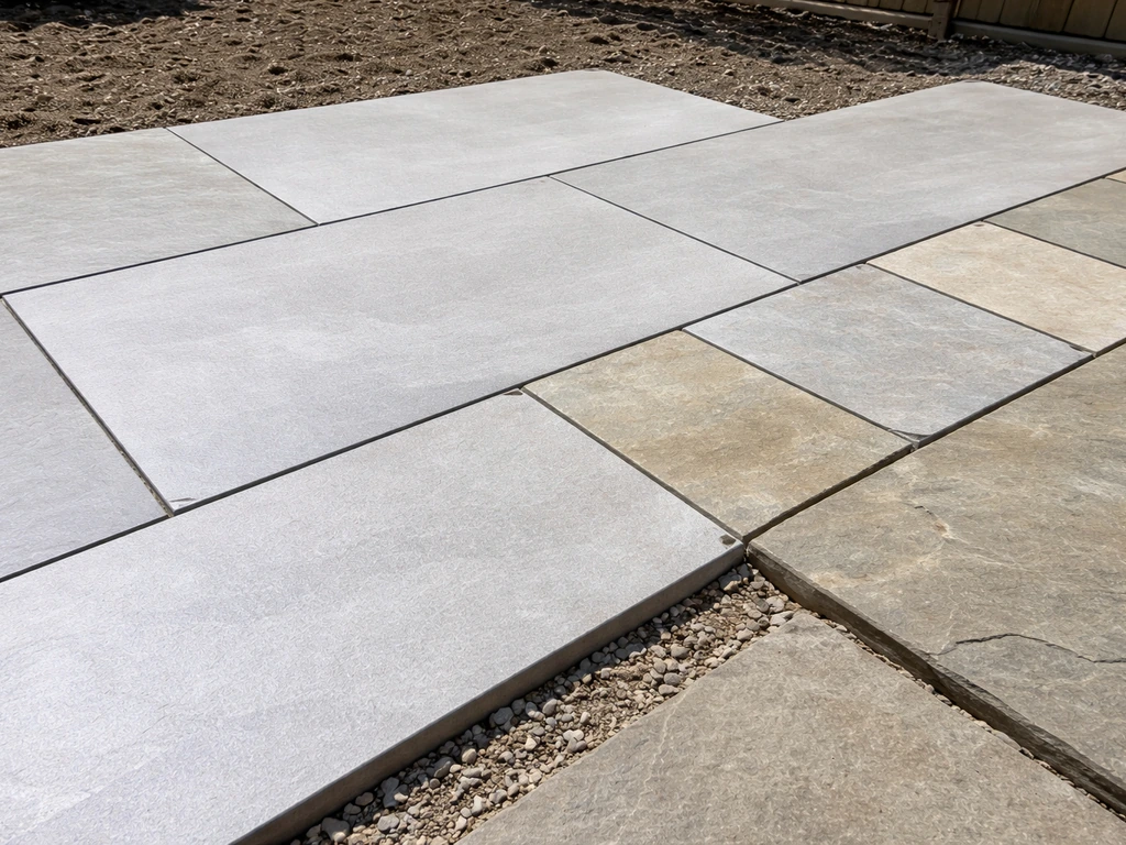 Patio paving with large porcelain and natural stone slabs, clearly showing joints and textured finishes.