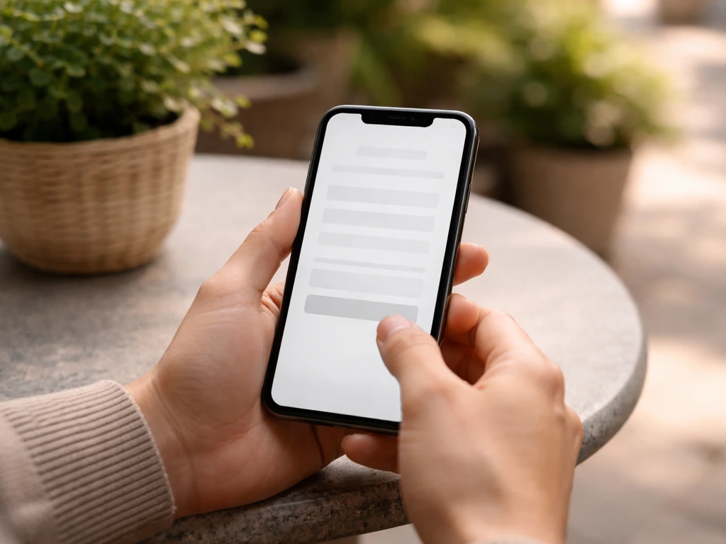 Anonymous hands using a smartphone on a patio table, with the screen blurred during an email signup.