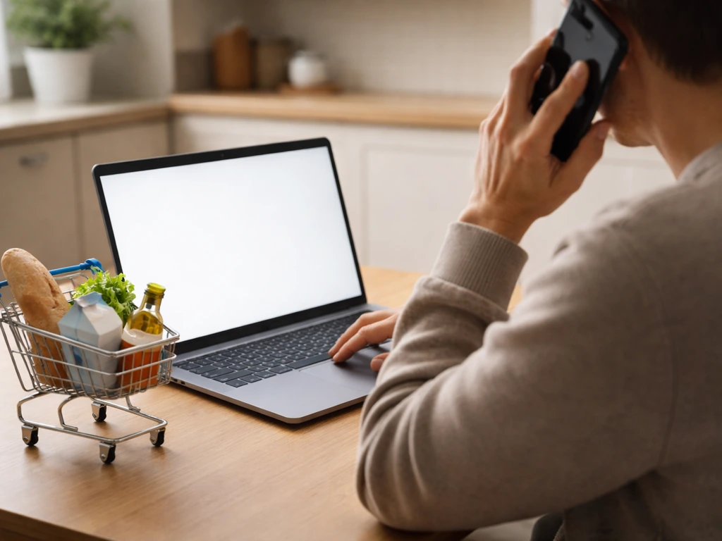 Shopper at a kitchen table using a laptop for customer support while a shopping cart sits beside them