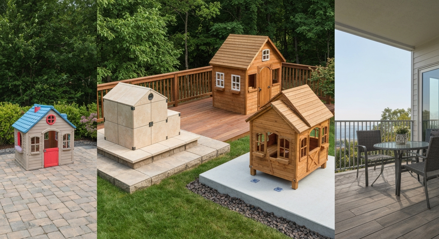 Composite photo of five patio playhouse types (plastic molded, modular flat-pack, wooden cottage, freestanding kit, convertible furniture) shown on different patio substrates from a slight aerial angle.