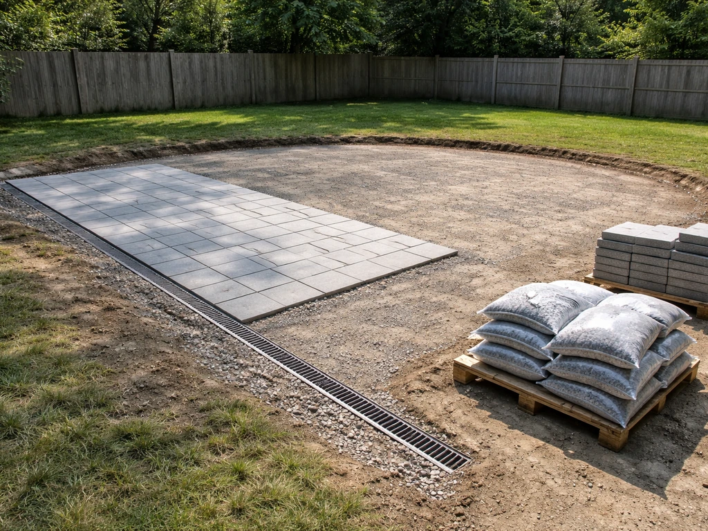Reclaimed backyard patio area with fresh base and gentle slope showing drainage setup where a pool was removed
