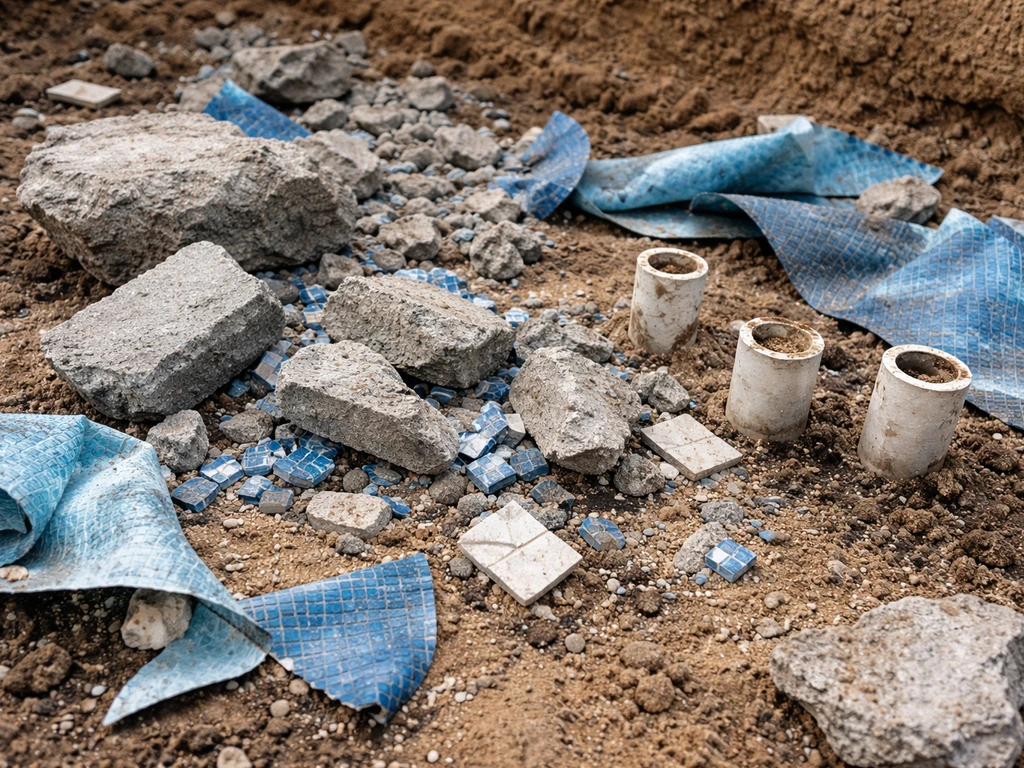 Close-up of concrete chunks, tile scraps, liner pieces, and cut conduit stubs left after pool removal