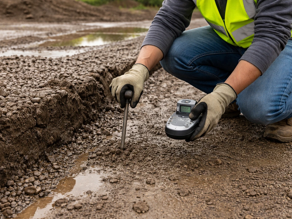 Contractor kneeling on damp reclaimed pool ground, probing subgrade soil to assess fill and compaction.