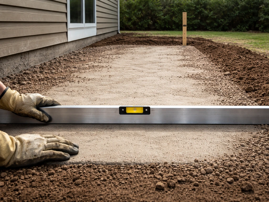 Gloved hands using a straightedge and measuring stick to check patio slope away from a house foundation.