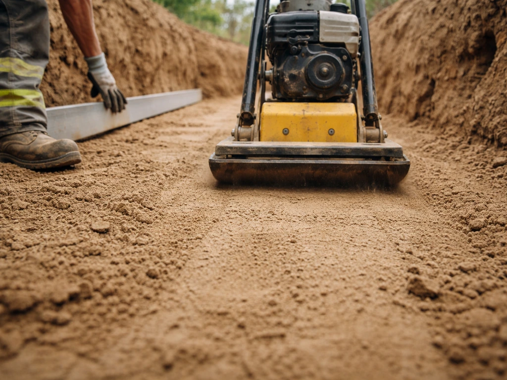 Plate compactor compacting a freshly leveled soil base in horizontal lifts