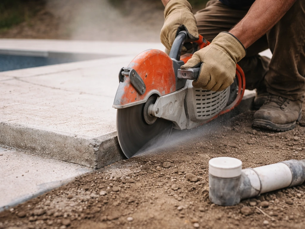 Worker using a concrete saw to cut a protruding edge near an old pool plumbing line