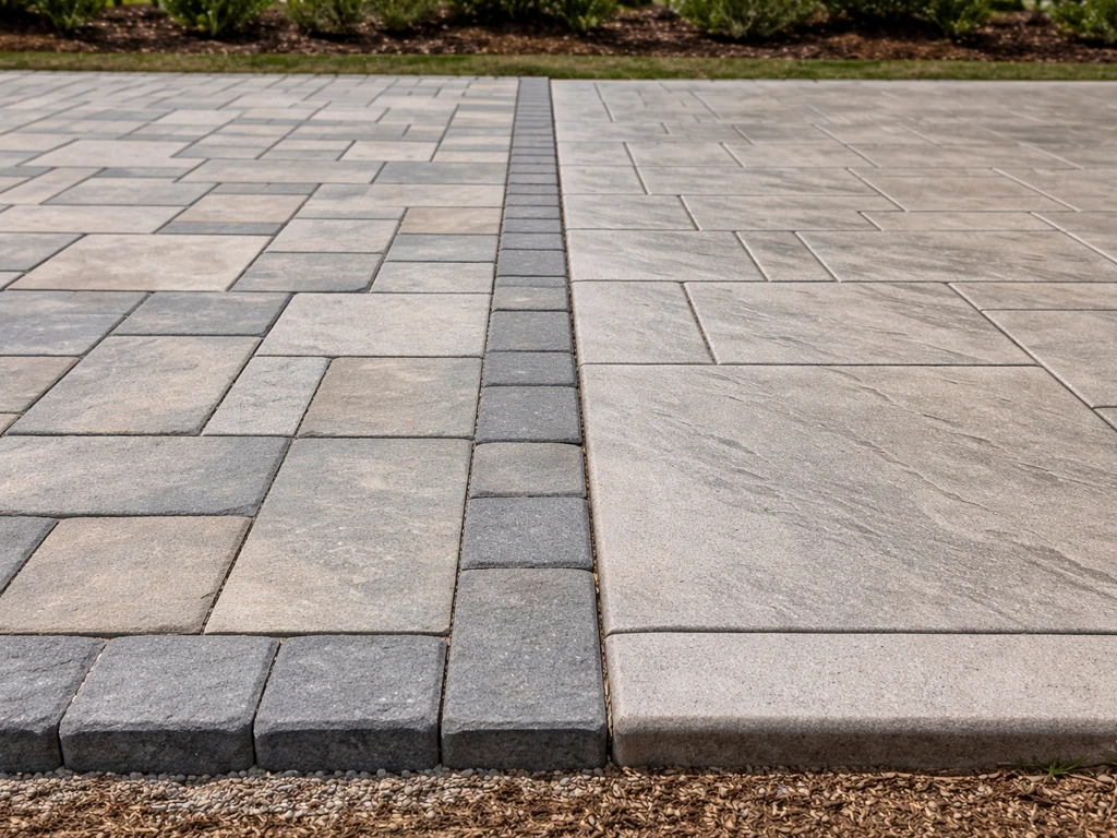Side-by-side paver and stamped concrete patio finishes over a prepared base with clean joints and edging.