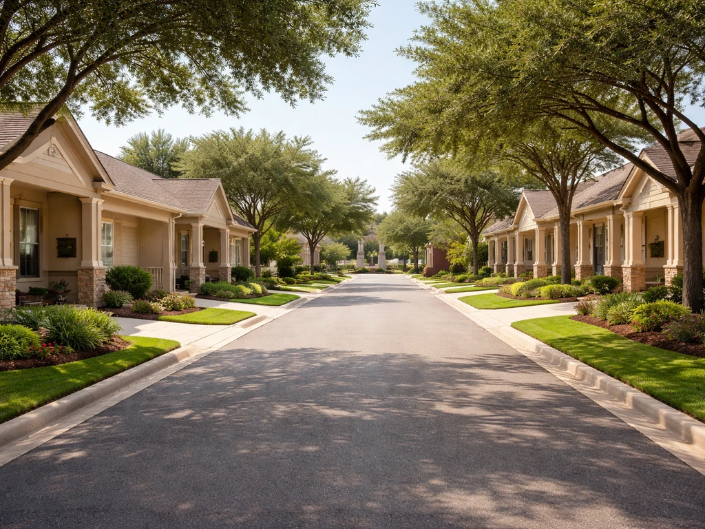 Wide exterior view of a Fort Worth patio home street with curb appeal and small-lot neighbor-close layout cues.