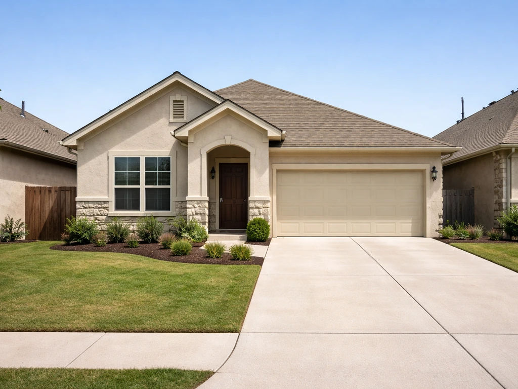 Front exterior of a patio-style home showing close side lot lines and wider driveway/side-yard spacing.