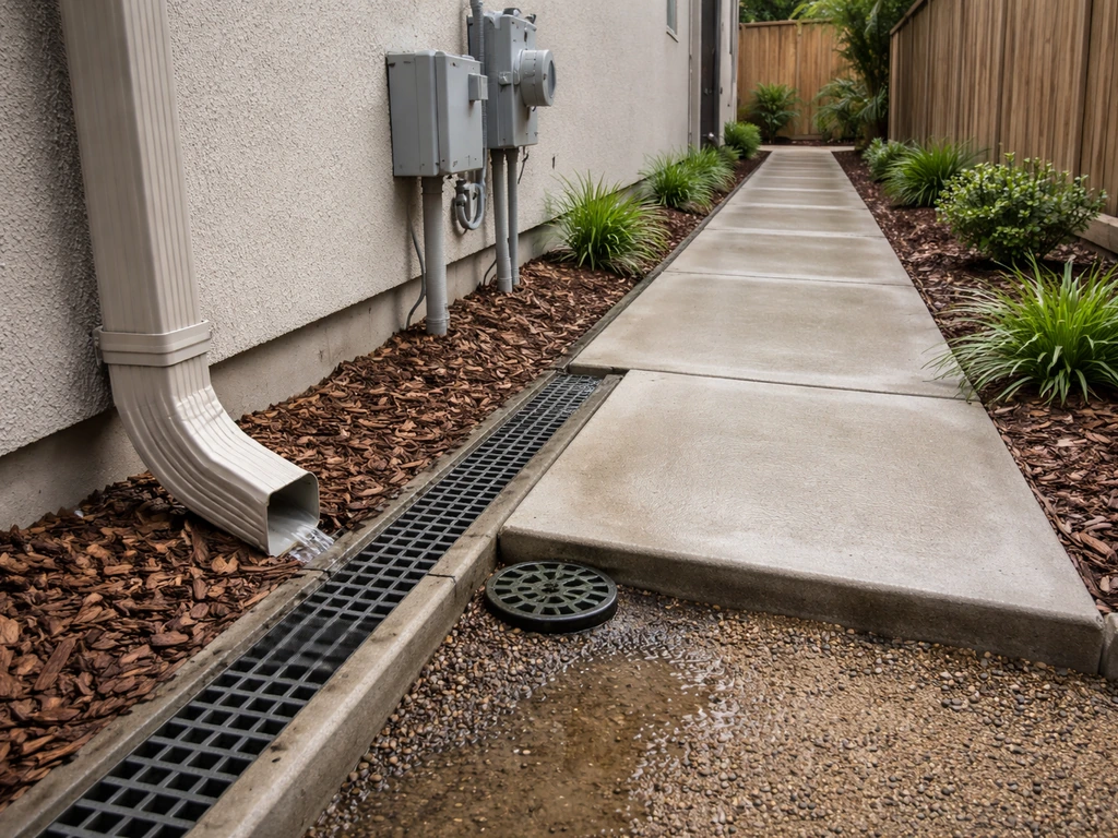 Narrow side yard showing a downspout draining into a channel with utility meter/service nearby.