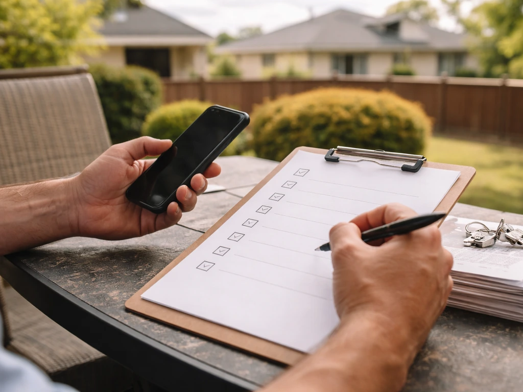 Hands on a patio table holding a clipboard and phone over blank real-estate paperwork, suburban homes blurred behind.