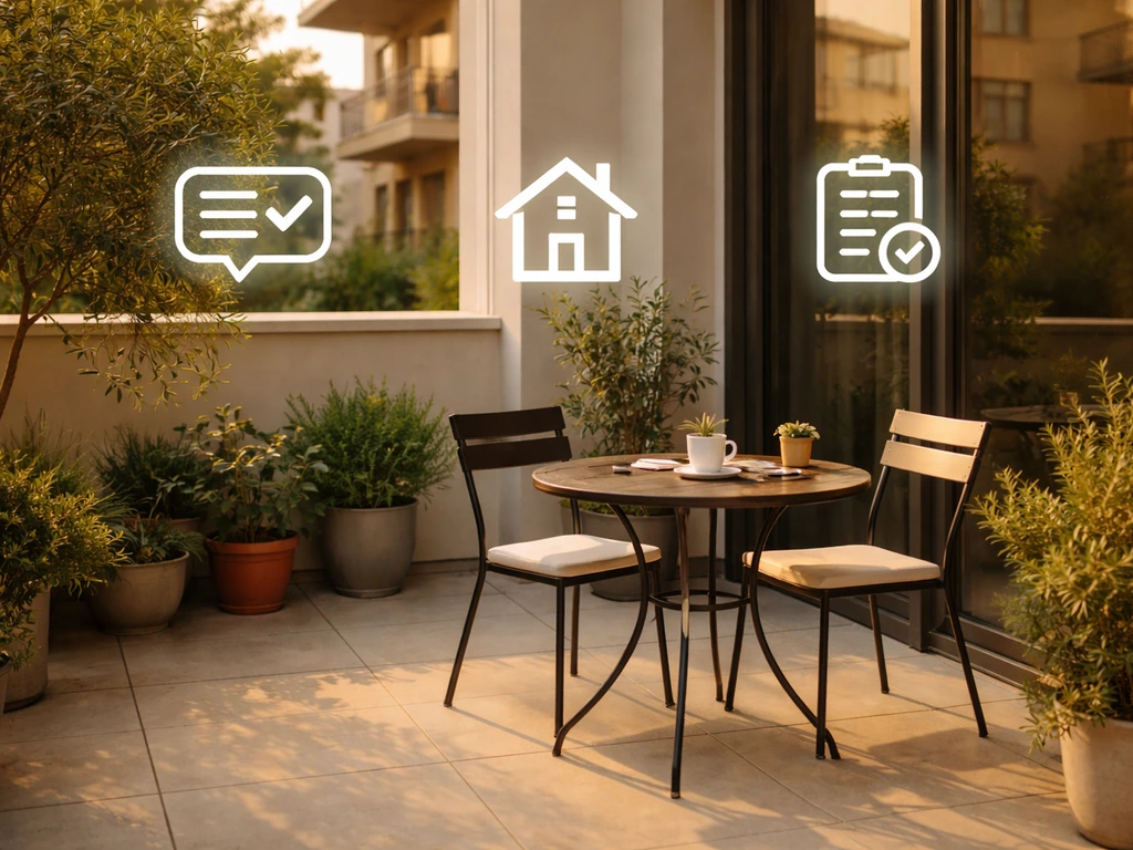 Minimal patio scene with three subtle icon-style overlays representing etiquette, HOA rules, and building codes.