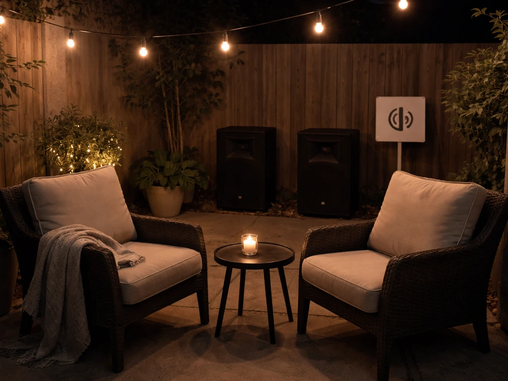 Quiet empty nighttime patio with dim lights and a small generic noise reminder sign near speakers