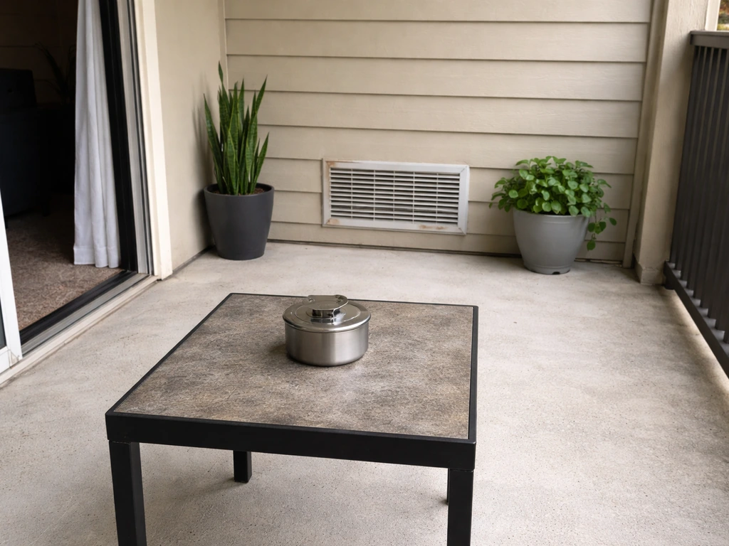 Covered ashtray on an apartment patio corner, positioned away from the door and HVAC vent.