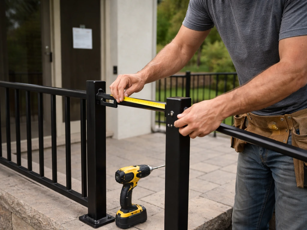 Anonymous patio contractor measures and installs railing/guards with a permit placard visible nearby.