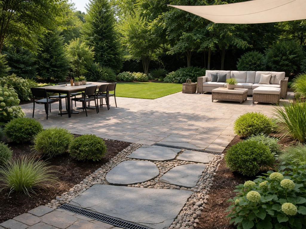 Wide backyard patio with dining, seating, and a walkway, showing materials, drainage details, and landscaping.