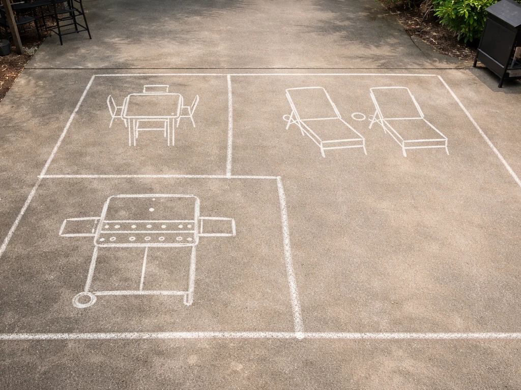 Overhead view of a backyard patio with a simple chalk sketch dividing dining, lounging, and grilling zones.