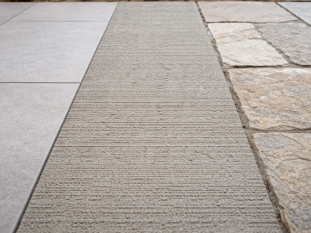 Close-up of porcelain pavers, broom-finished concrete, and natural stone showing textures and slip resistance