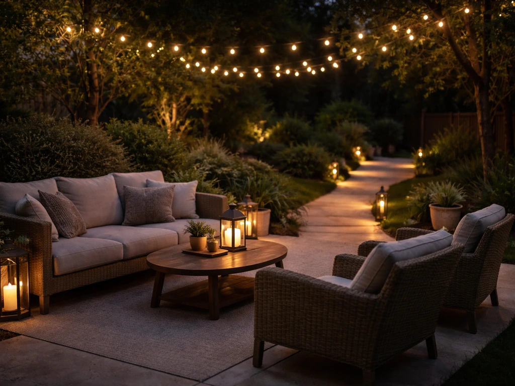 Evening patio with warm string lights and pathway lights guiding safely to a cozy seating area