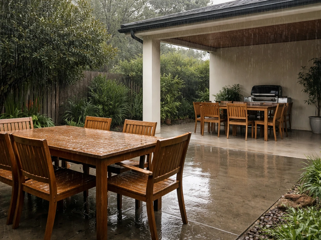 Covered alfresco with protected outdoor table and grill while rain falls on an uncovered patio.