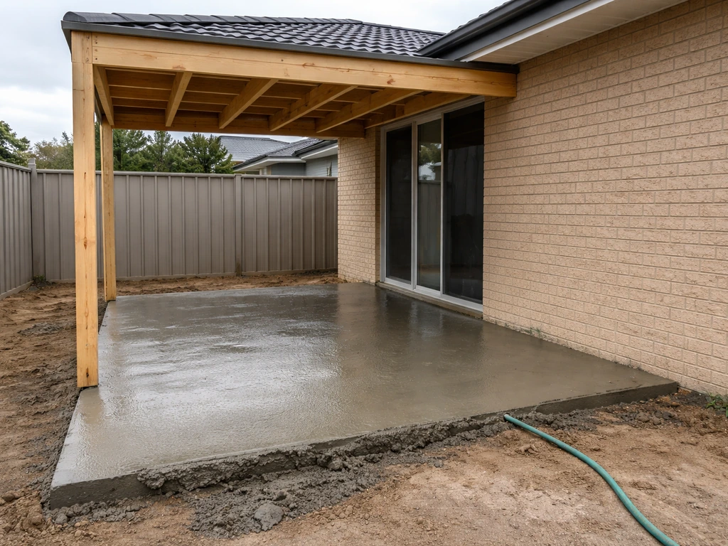 Construction site showing alfresco roof posts, concrete slab being poured, and connection to house.