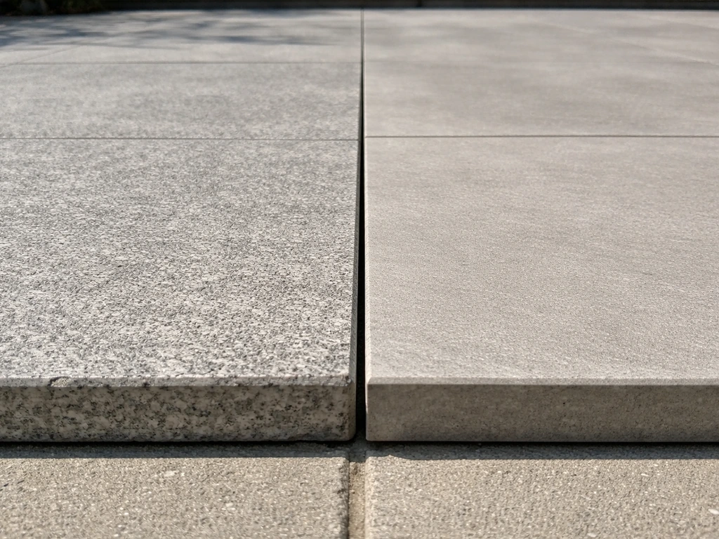 Close-up of slip-resistant outdoor porcelain pavers beside a smoother, less traction-prone patio tile.