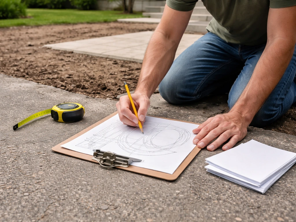 Homeowner outside marking a patio vs alfresco decision next to a rough site sketch and measuring tape