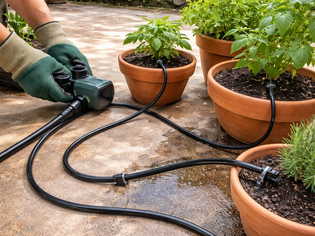Gardening gloves connect drip tubing to a timer/backflow unit on a patio with potted plants.