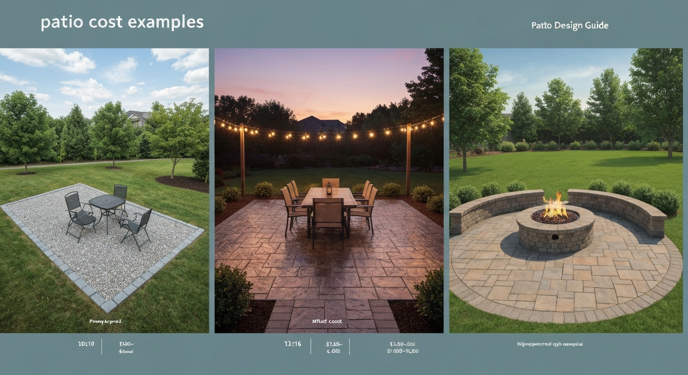 Three-panel hero illustration showing small gravel bistro patio (10x10), mid-size stamped concrete dining patio (12x16), and large paver patio with fire pit and seating wall (20x20), with size and cost-range labels.