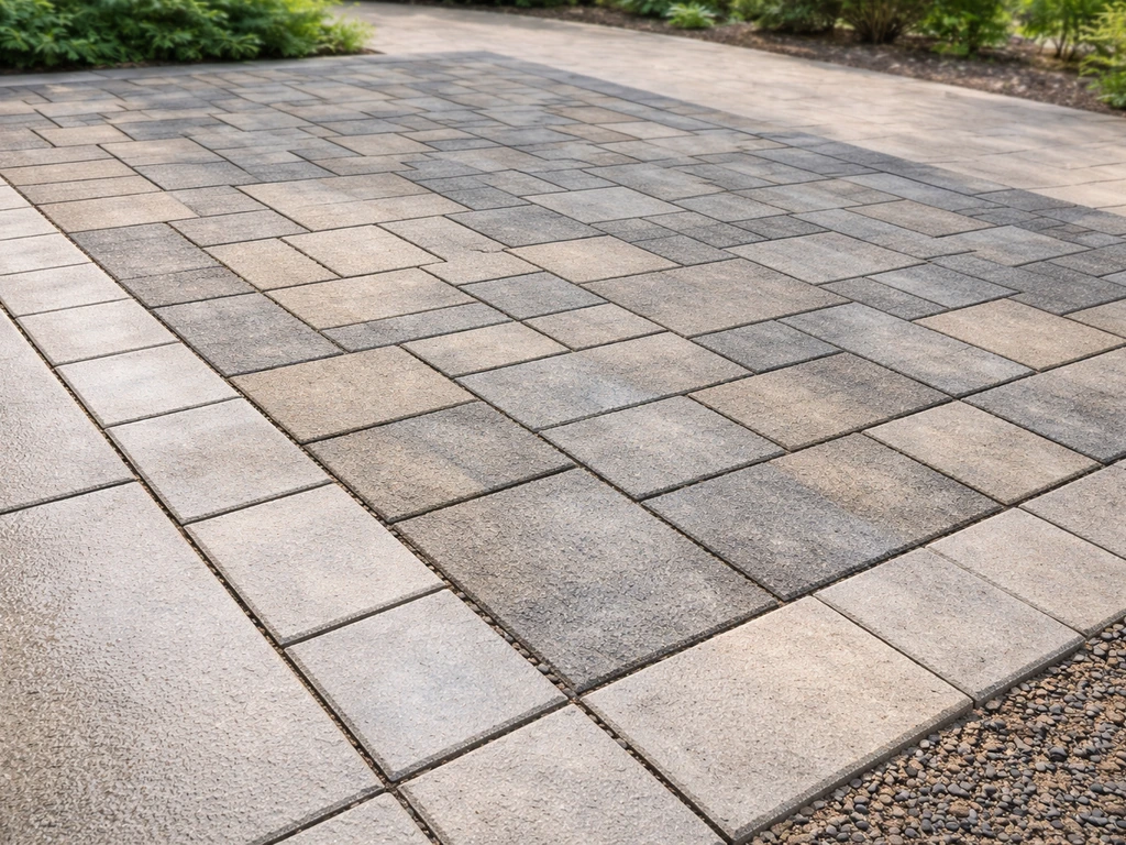 Clean, weed-free patio with pavers and concrete/stone sections, crisp lines, subtle wet sheen, year-round upkeep feel.