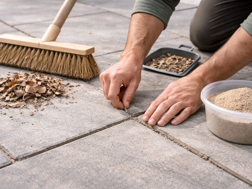 Person spring-sweeping a patio, then checking and filling gaps in patio joints for early weeds