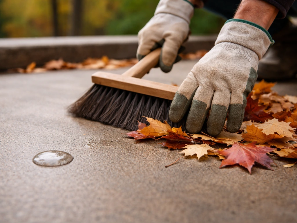 Person clearing fallen leaves from a patio and a water drop testing concrete sealer performance