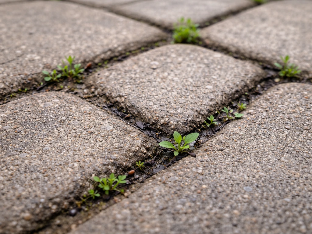 Close-up of weeds sprouting between patio pavers and cracks where joint sand has degraded