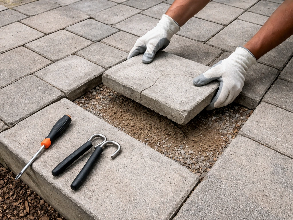 Contractor resetting a cracked paver in a patio base, with neighboring pavers intact and tools nearby.