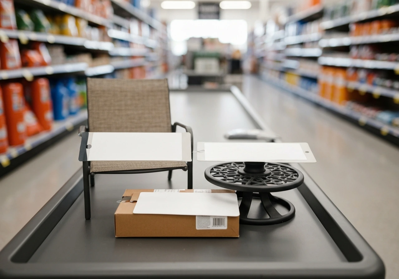 Close-up of a shopping cart with some patio items marked unavailable for promo eligibility
