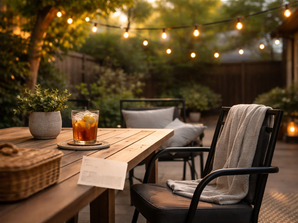 Finished backyard patio with cozy seating and a subtle receipt-like savings tag near a coffee table.