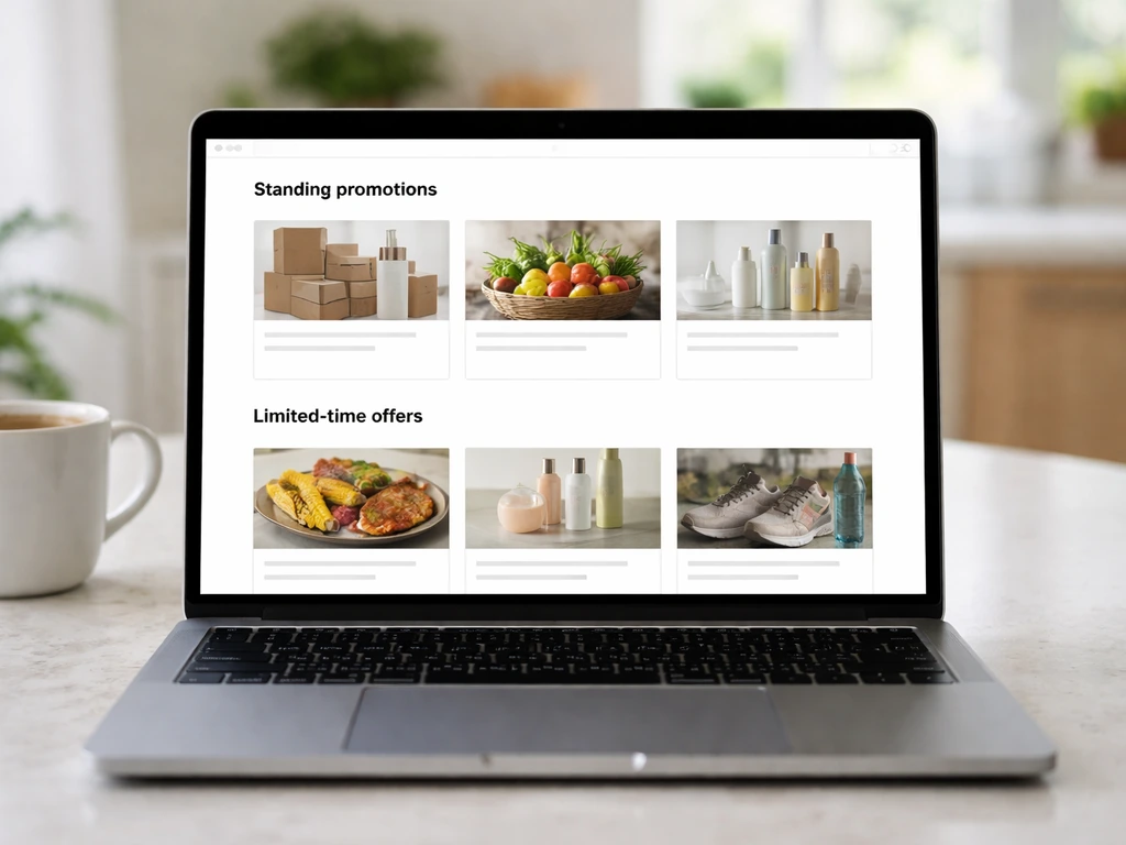 Laptop displaying a clean promotions page with two sections for standing and limited-time offers.
