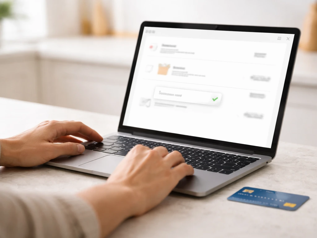 Hands on a laptop applying a generic discount code with an “applied” confirmation on screen.
